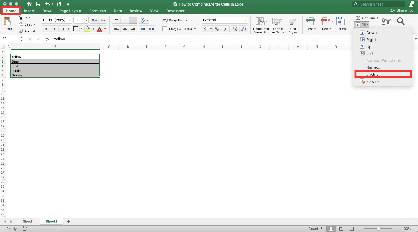 How to Combine/Merge Cells in Excel - Screenshot of the Home Tab, Fill Dropdown Button, and Justify Choice Locations