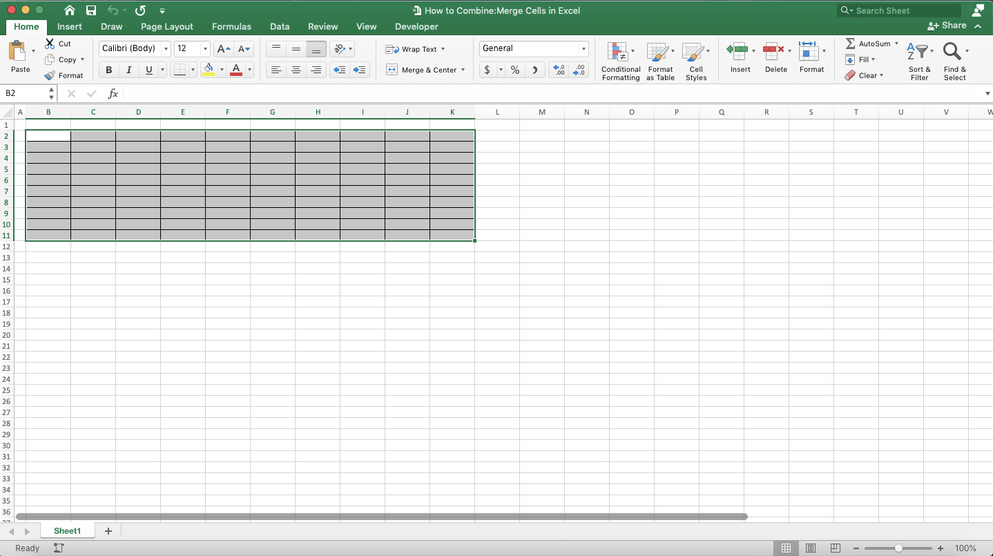 How to Combine/Merge Cells in Excel - Screenshot of Combining Cells through the Merge Menu, Step 1