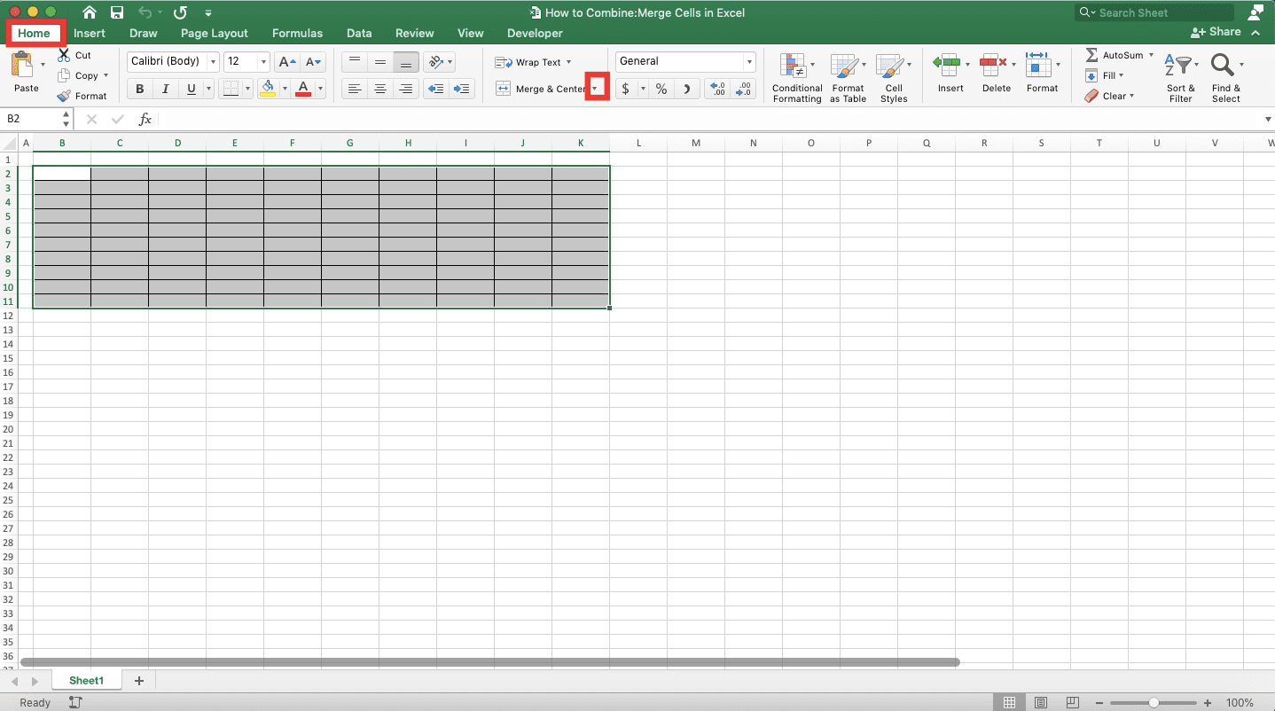 How to Combine/Merge Cells in Excel - Screenshot of Combining Cells through the Merge Menu, Step 2