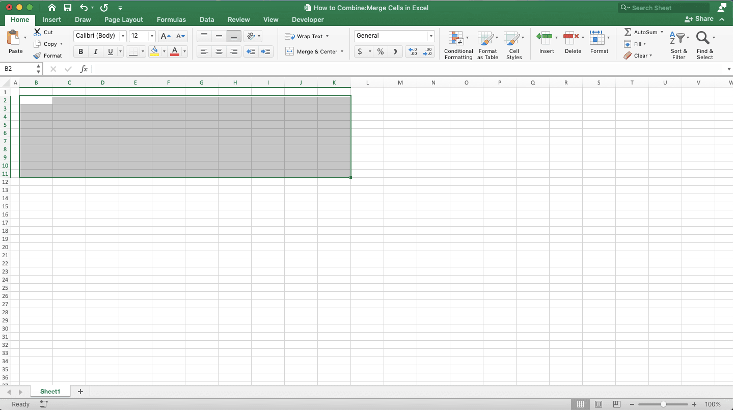 How to Combine/Merge Cells in Excel - Screenshot of Combining Cells through the Right-Click Menu, Step 1