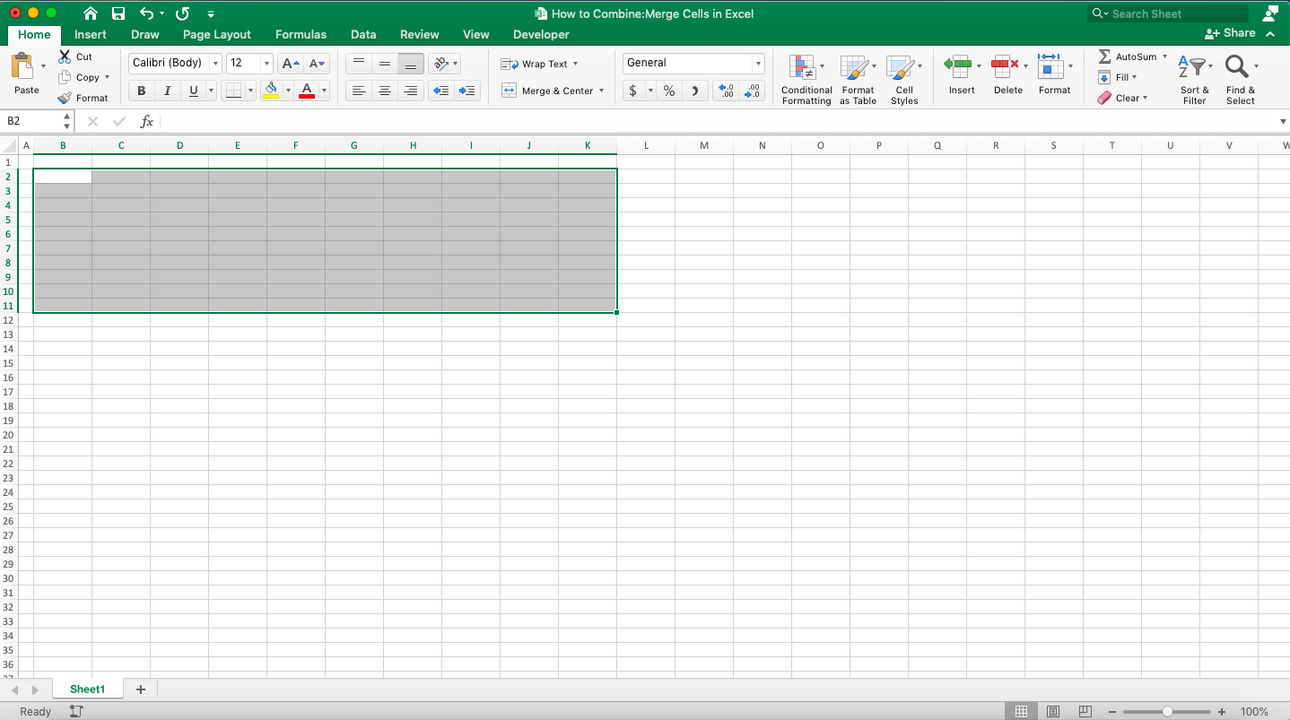 How to Combine/Merge Cells in Excel - Screenshot of Combining Cells through Shortcuts, Step 1