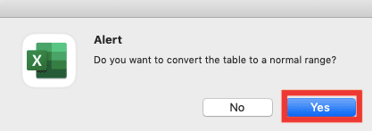 How to Combine/Merge Cells in Excel - Screenshot of the Yes Button Location in the Convert to Range Dialog Box