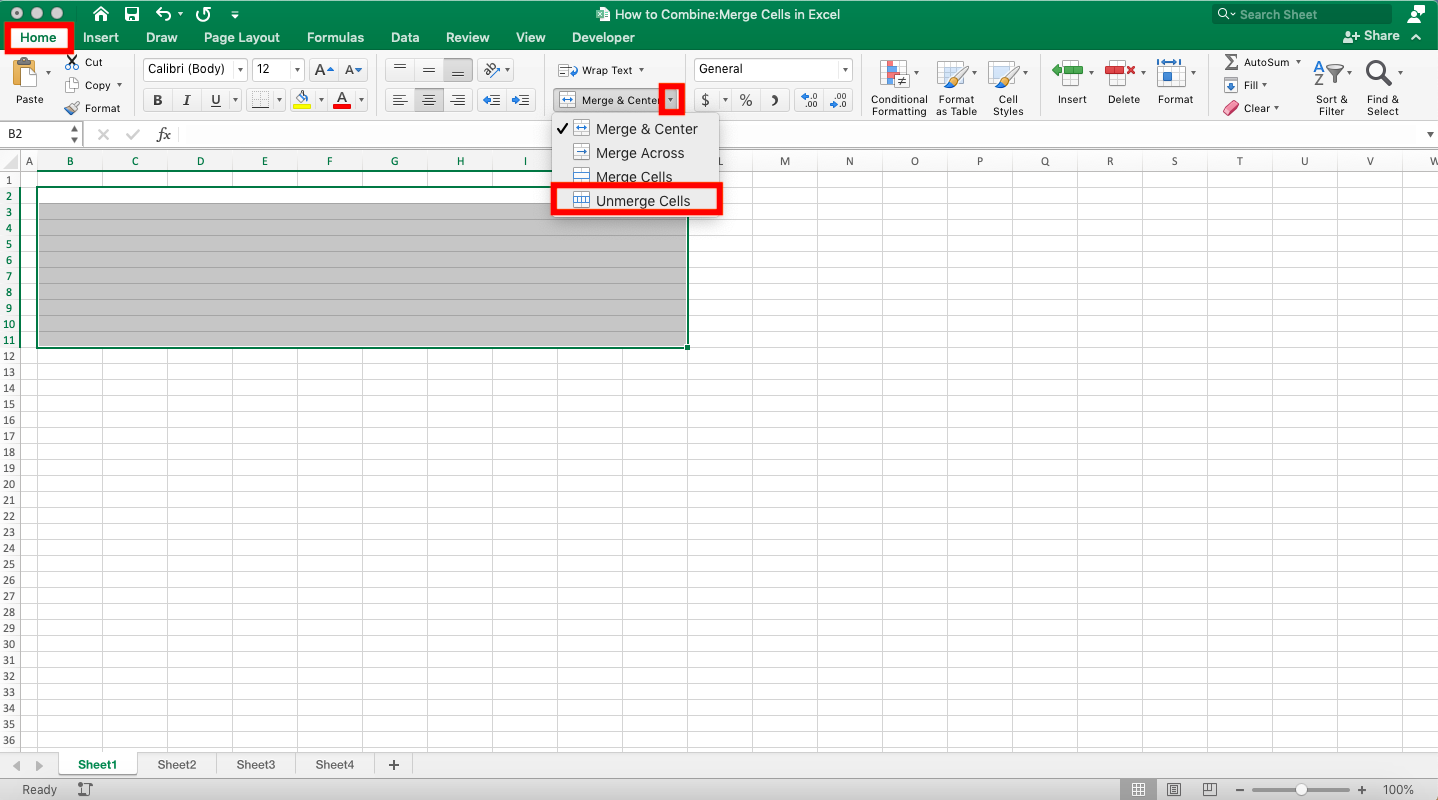 How to Combine/Merge Cells in Excel - Screenshot of the Home Tab, Merge & Center Dropdown Button, and Unmerge Cells Choice Locations