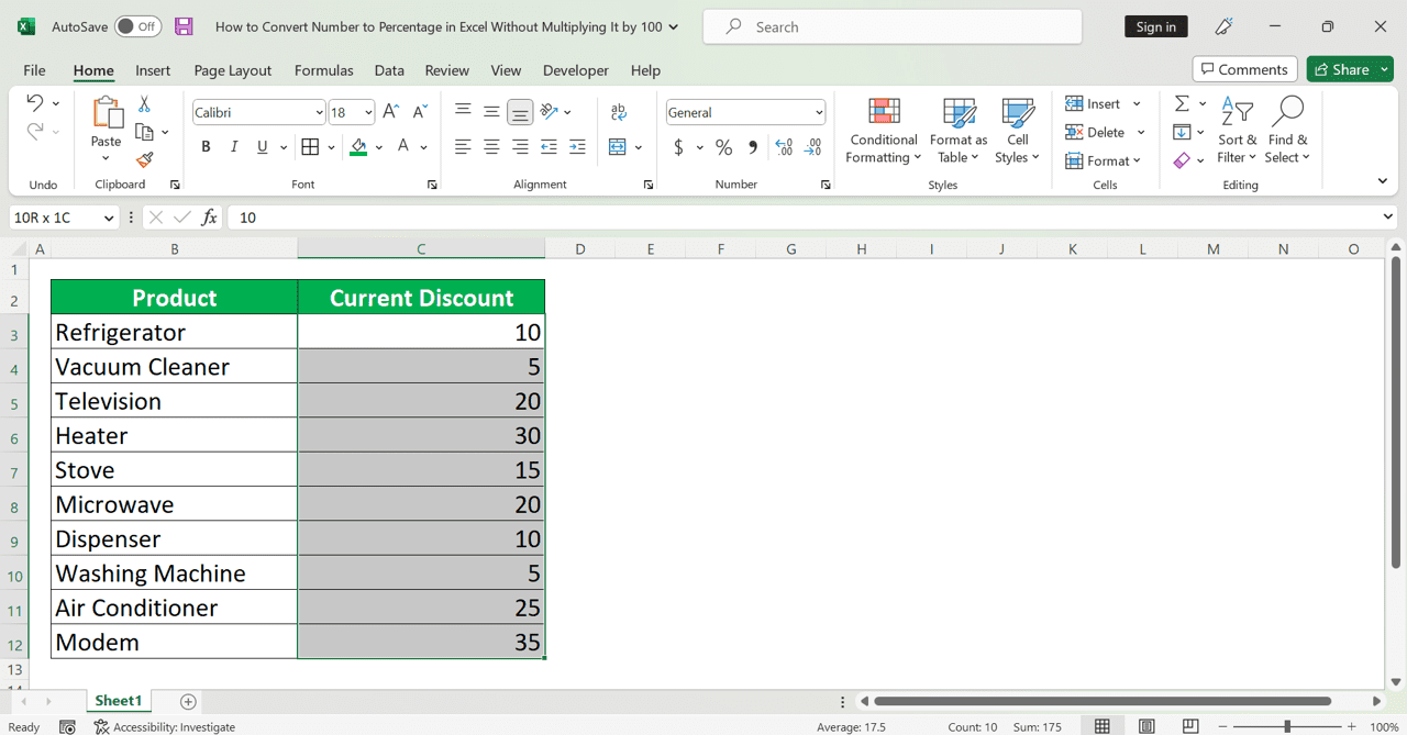 How to Convert Number to Percentage in Excel Without Multiplying It by 100 - Screenshot of How to Convert Number to Percentage in Excel Without Multiplying It by 100 with the Custom Format Method, Step 1