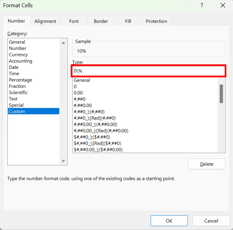 How to Convert Number to Percentage in Excel Without Multiplying It by 100 - Screenshot of How to Convert Number to Percentage in Excel Without Multiplying It by 100 with the Custom Format Method, Step 4