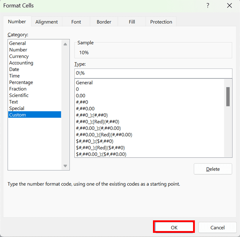 How to Convert Number to Percentage in Excel Without Multiplying It by 100 - Screenshot of How to Convert Number to Percentage in Excel Without Multiplying It by 100 with the Custom Format Method, Step 5