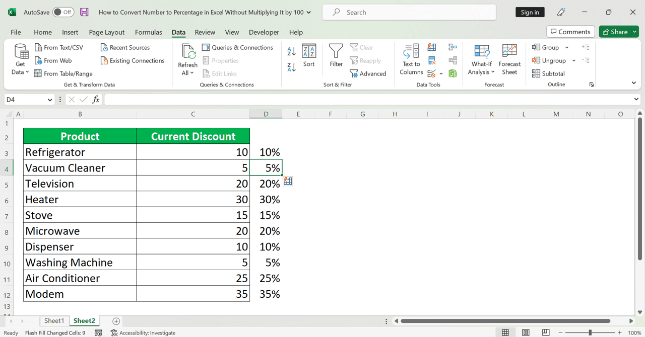 How to Convert Number to Percentage in Excel Without Multiplying It by 100 - Screenshot of How to Convert Number to Percentage in Excel Without Multiplying It by 100 with the Flash Fill Method, Step 3