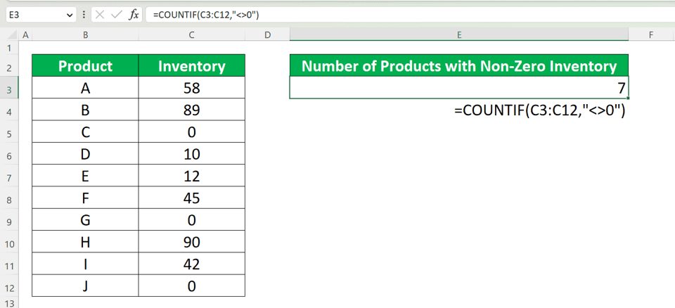 How to Count the Number of Cells with Non-Zero Values in Excel - Screenshot of the COUNTIF Formula Implementation Example to Count Cells with Non-Zero Values