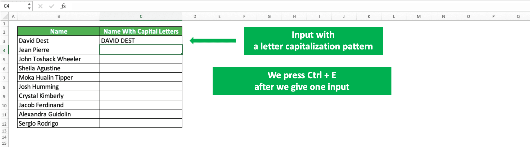 How to Use and the Function of Ctrl + E Excel - Screenshot of the Example for the Input to Trigger Flash Fill