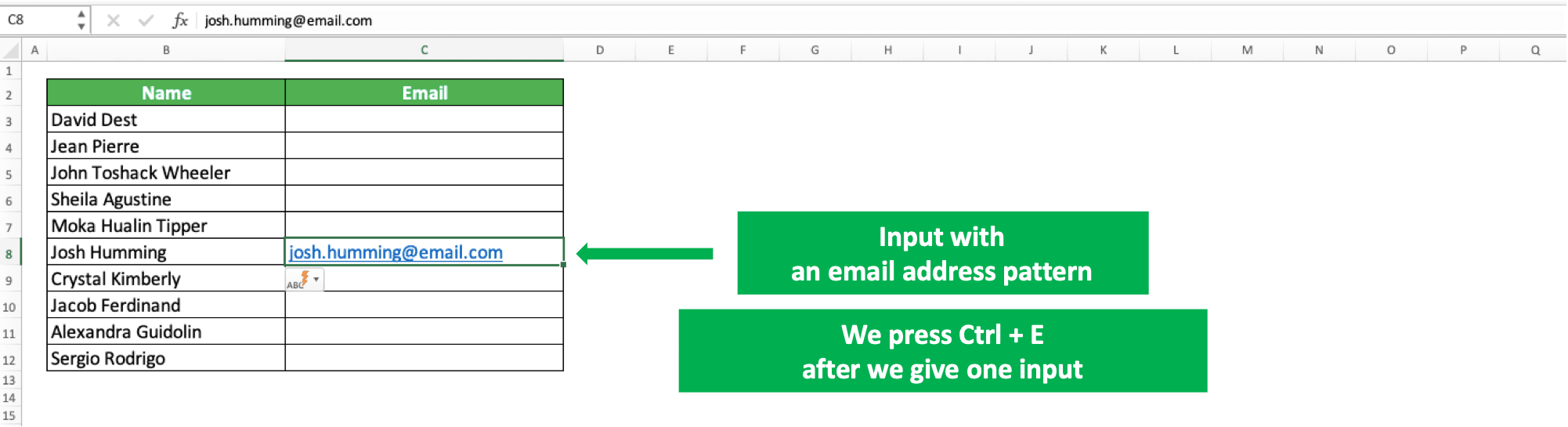 How to Use and the Function of Ctrl + E Excel - Screenshot of the Example for the Input to Trigger Flash Fill, Not in the First Data