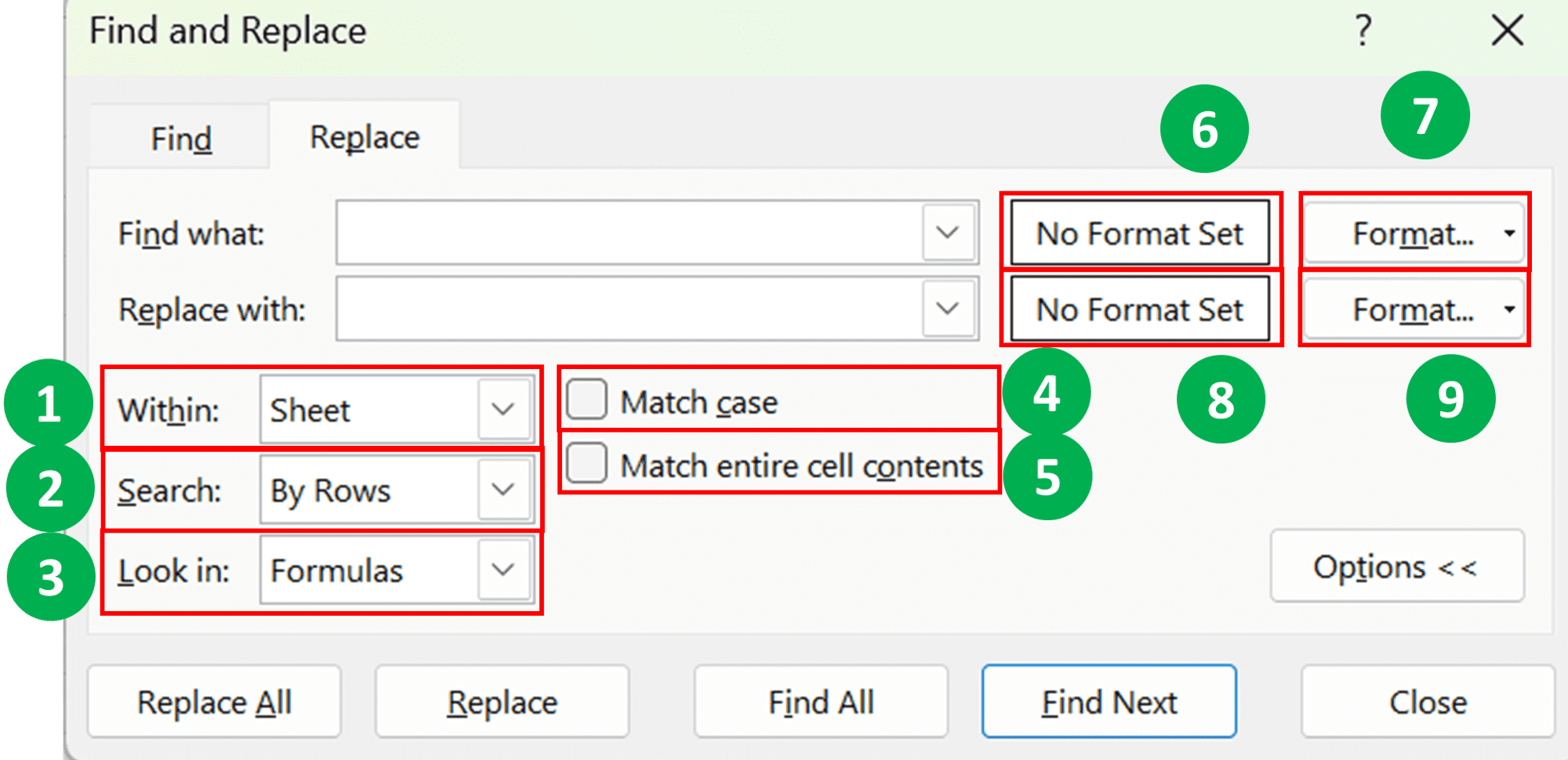 Ctrl + H in Excel: Functions and How to Use It - Screenshot of the Find and Replace Dialog Box Interface Example, With the Replace Tab Selected and the Options Button Clicked