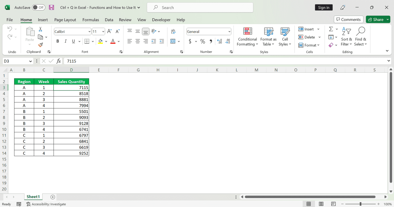 Ctrl + Q in Excel: Functions and How to Use It - Screenshot of the Cell Placement Example When We Want to Use the Ctrl + Q Shortcut