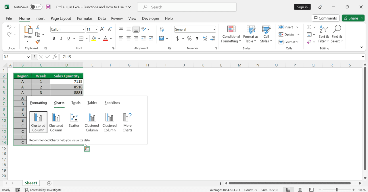 Ctrl + Q in Excel: Functions and How to Use It - Screenshot of the Charts Part of the Quick Analysis Tool