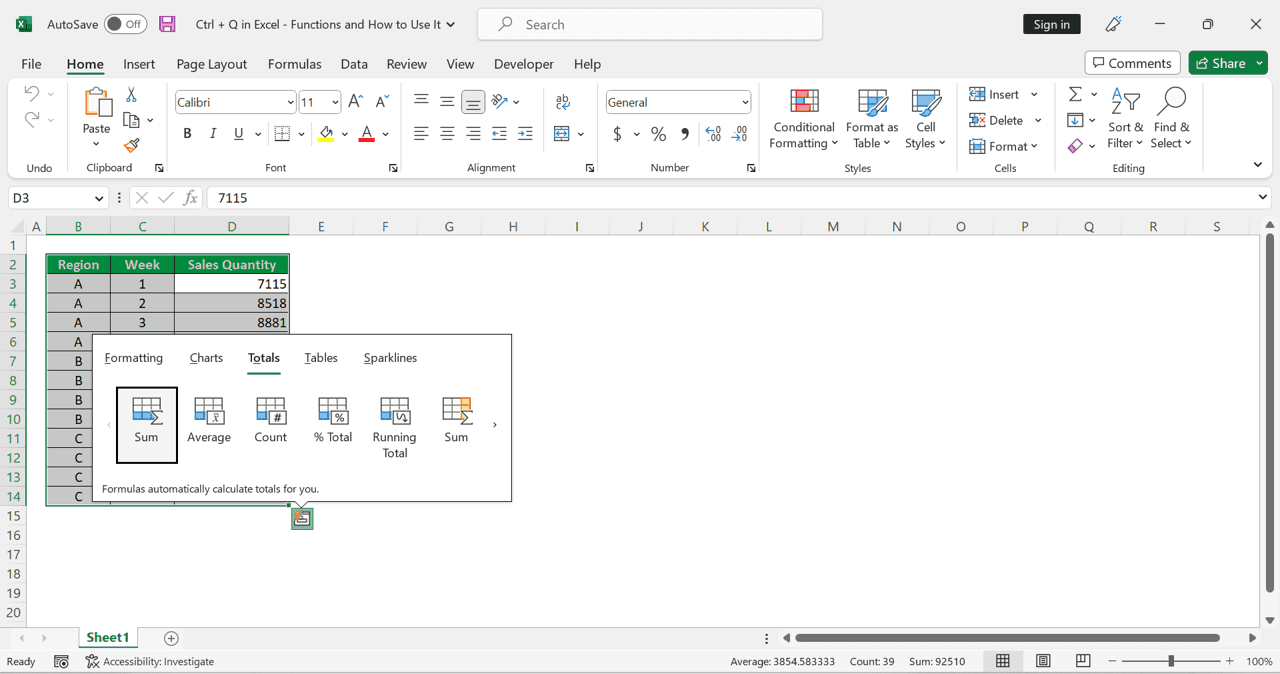 Ctrl + Q in Excel: Functions and How to Use It - Screenshot of the Totals Part of the Quick Analysis Tool