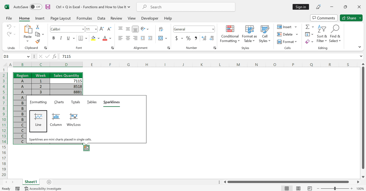 Ctrl + Q in Excel: Functions and How to Use It - Screenshot of the Soarklines Part of the Quick Analysis Tool