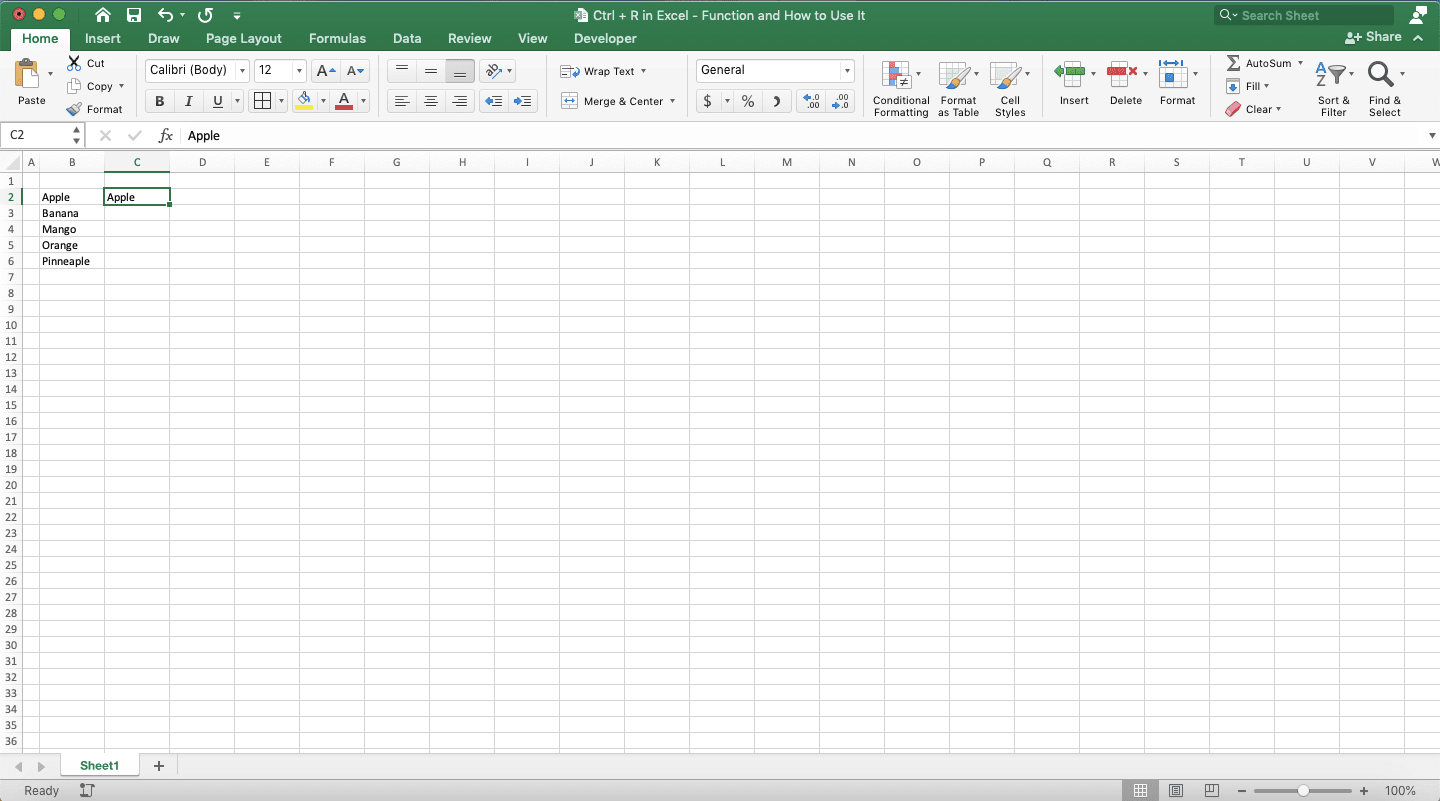 Ctrl + R in Excel: Function and How to Use It - Screenshot of the Copy Result Example to a Cell by Using Ctrl + R