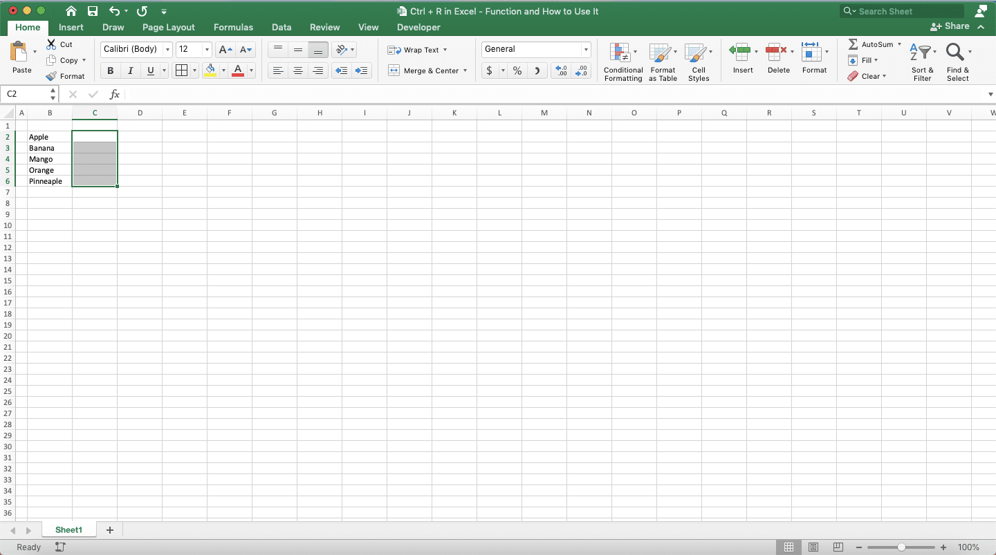 Ctrl + R in Excel: Function and How to Use It - Screenshot of the Cell Range Highlight Example to Copy to a Column by Using Ctrl + R