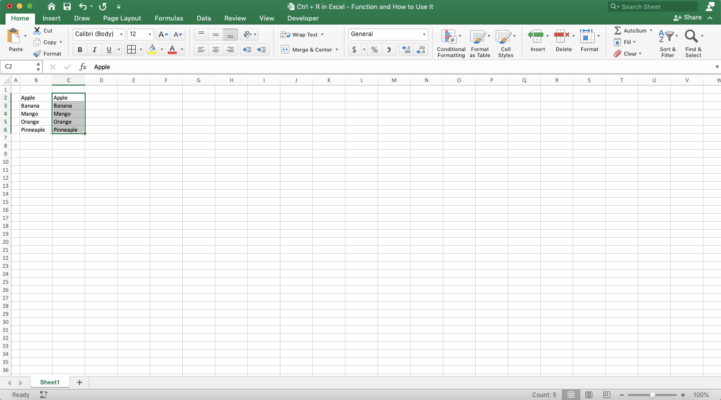 Ctrl + R in Excel: Function and How to Use It - Screenshot of the Copy Result Example to a Column by Using Ctrl + R