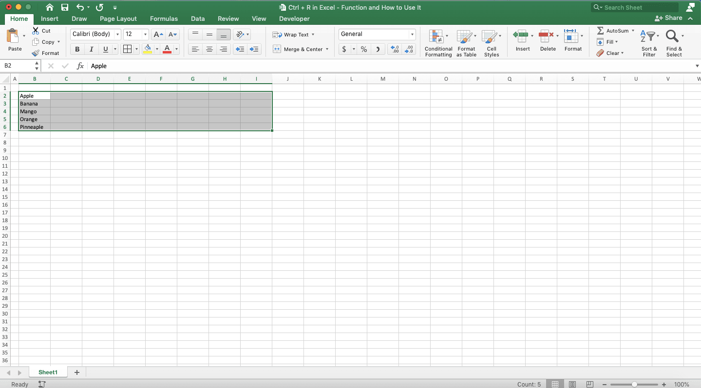 Ctrl + R in Excel: Function and How to Use It - Screenshot of the Cell Highlight Example to Copy to Multiple Columns by Using Ctrl + R