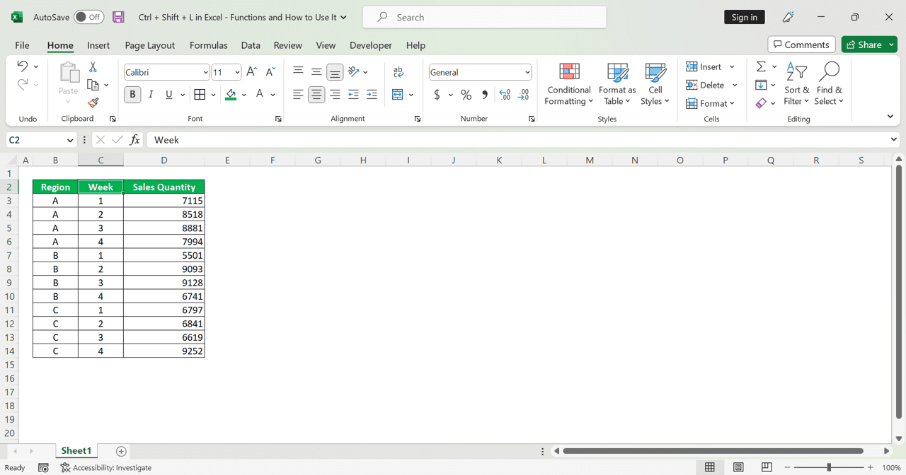 Ctrl + Shift + L in Excel: Functions and How to Use It - Screenshot of the Example of the Cell Cursor Placement for the Auto-Filter Buttons Placement by Using Ctrl + Shift + L