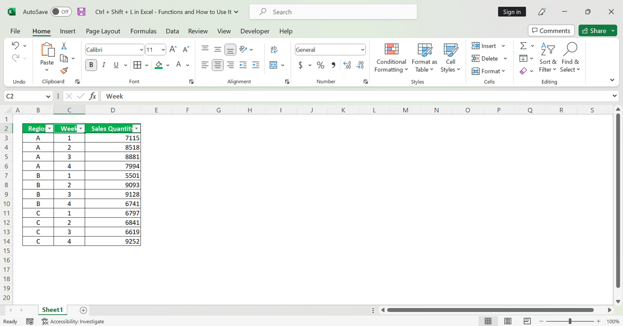 Ctrl + Shift + L in Excel: Functions and How to Use It - Screenshot of the Result Example of the Auto-Filter Buttons Placement by Using Ctrl + Shift + L