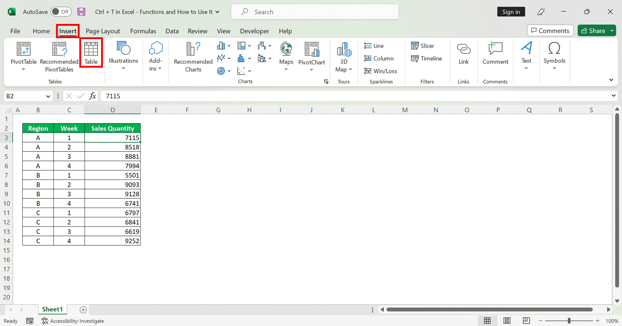 Ctrl + T in Excel: Functions and How to Use It - Screenshot of the Insert Tab and the Table Button Locations