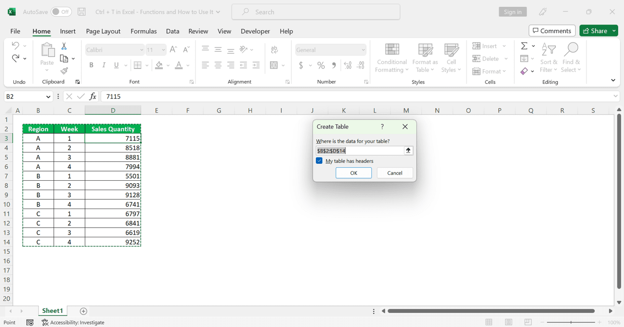 Ctrl + T in Excel: Functions and How to Use It - Screenshot of the Create Table Dialog Box that Shows Up When We Press Ctrl + T