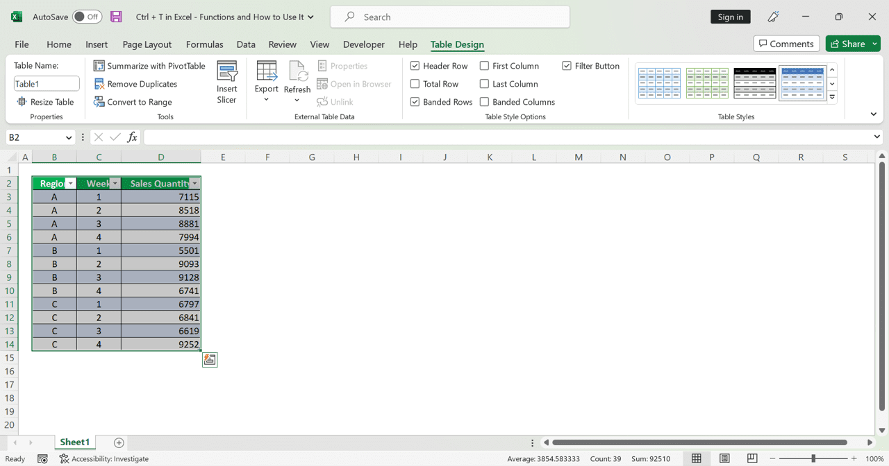Ctrl + T in Excel: Functions and How to Use It - Screenshot of the Result Example of an Excel Table that We Create Using Ctrl + T
