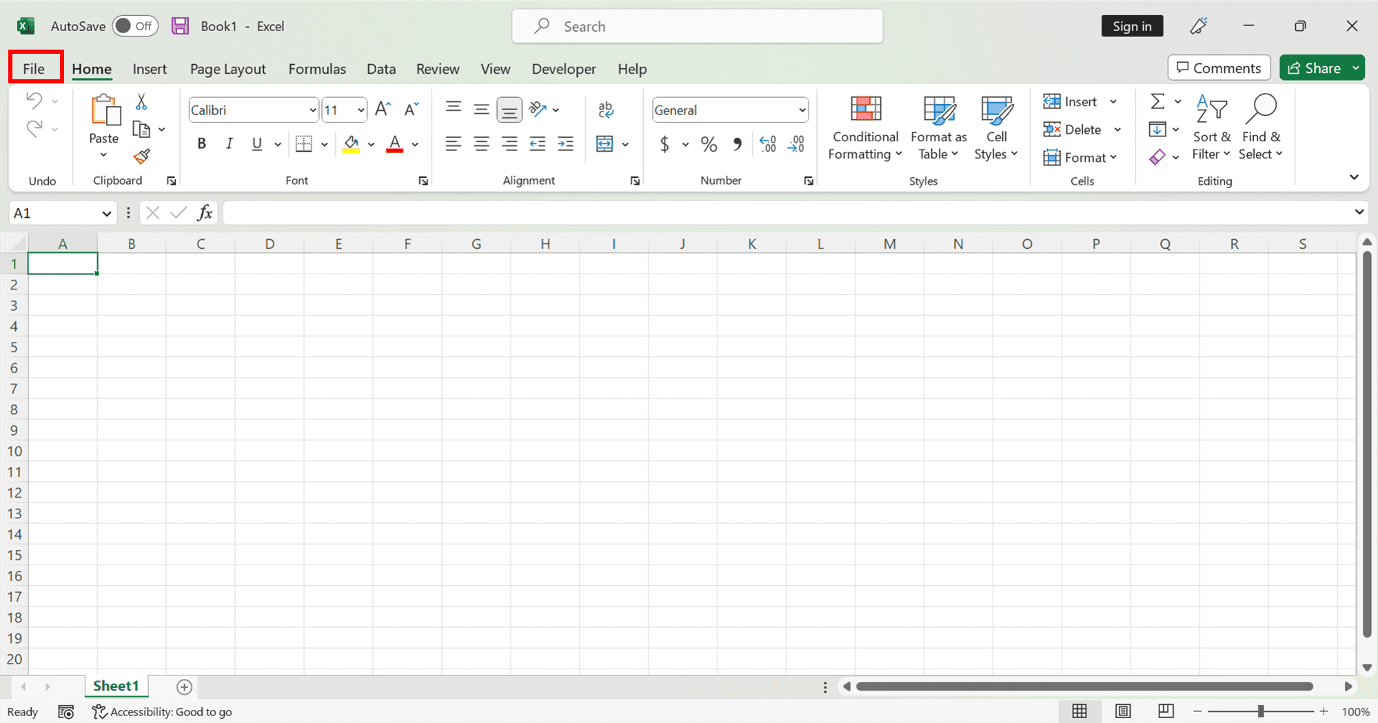 Ctrl + Y in Excel: Functions and How to Use It - Screenshot of the File Button Location in Excel