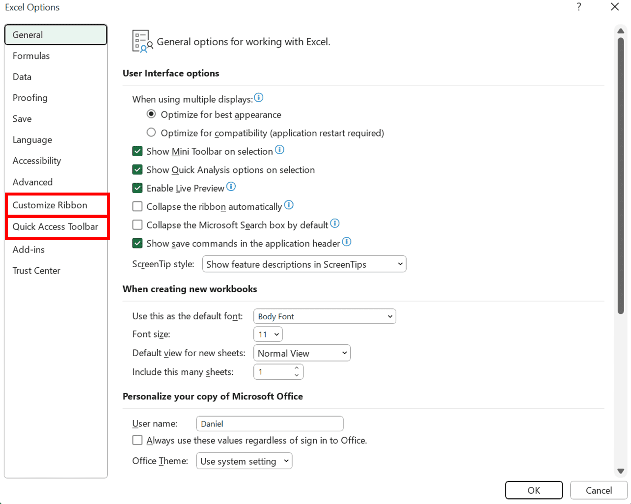 Ctrl + Y in Excel: Functions and How to Use It - Screenshot of the Customize Ribbon and Quick Access Toolbar Buttons Locations