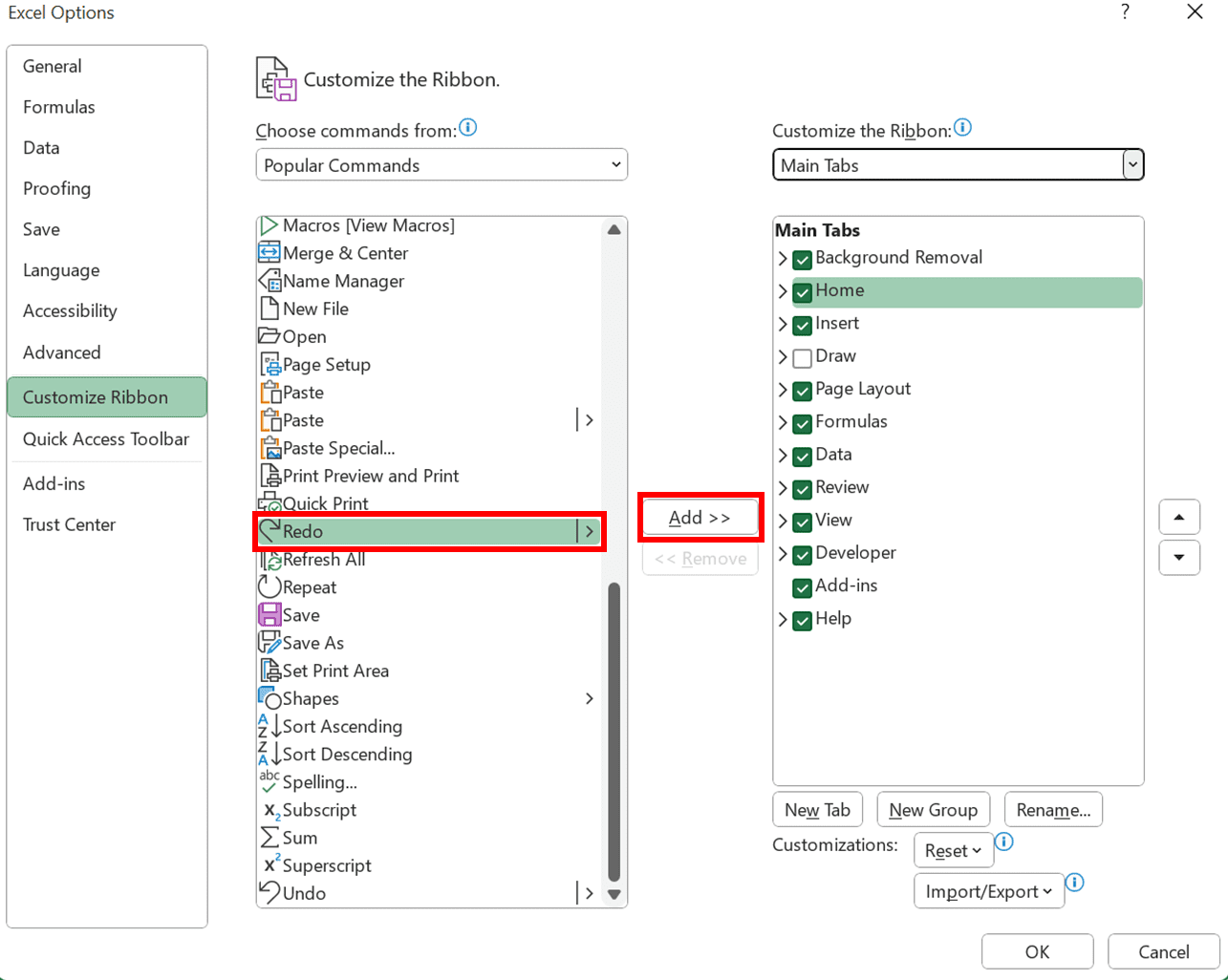 Ctrl + Y in Excel: Functions and How to Use It - Screenshot of the Redo and Add >>> Buttons Locations