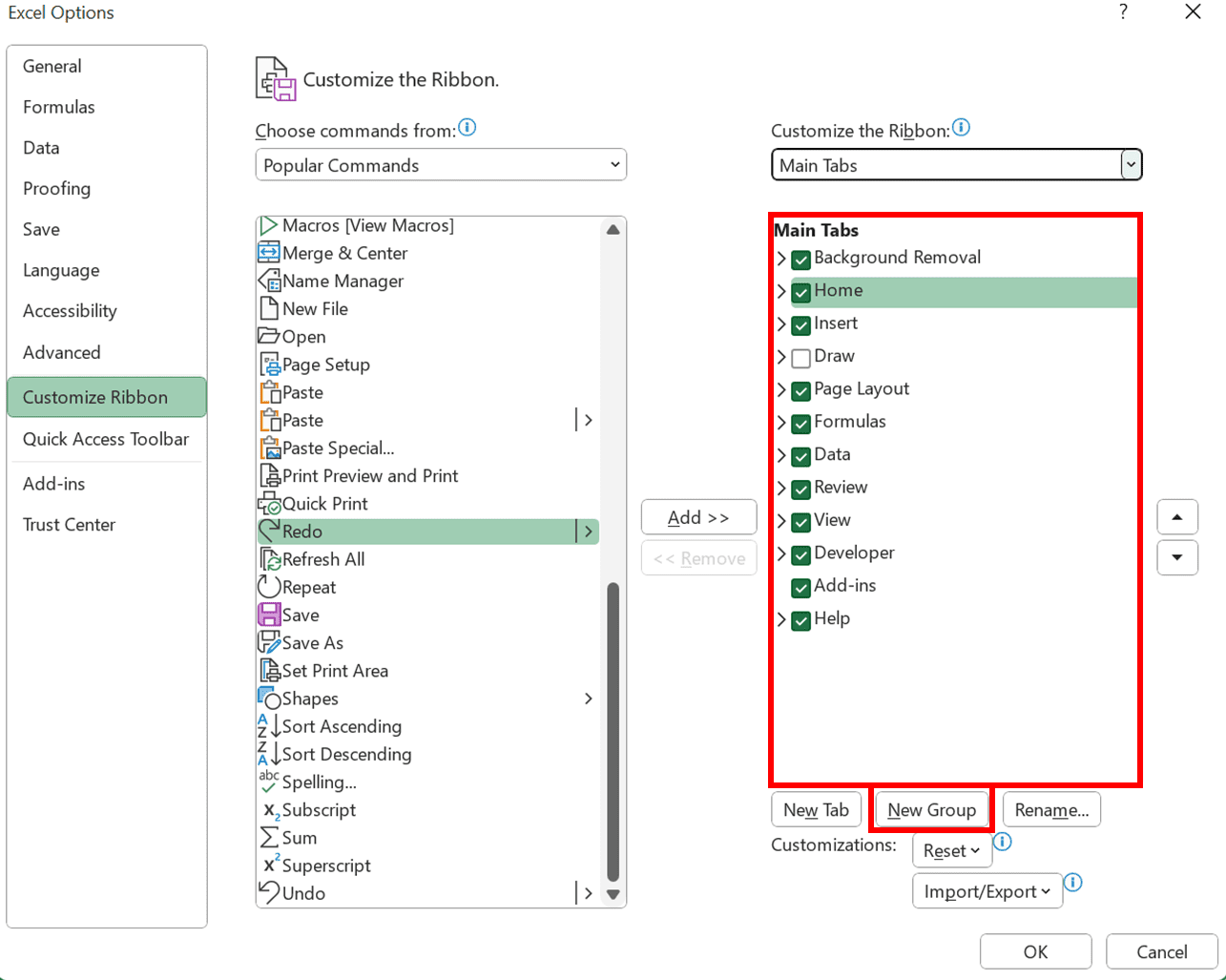 Ctrl + Y in Excel: Functions and How to Use It - Screenshot of the Ribbon's Right Box and New Group Button Locations
