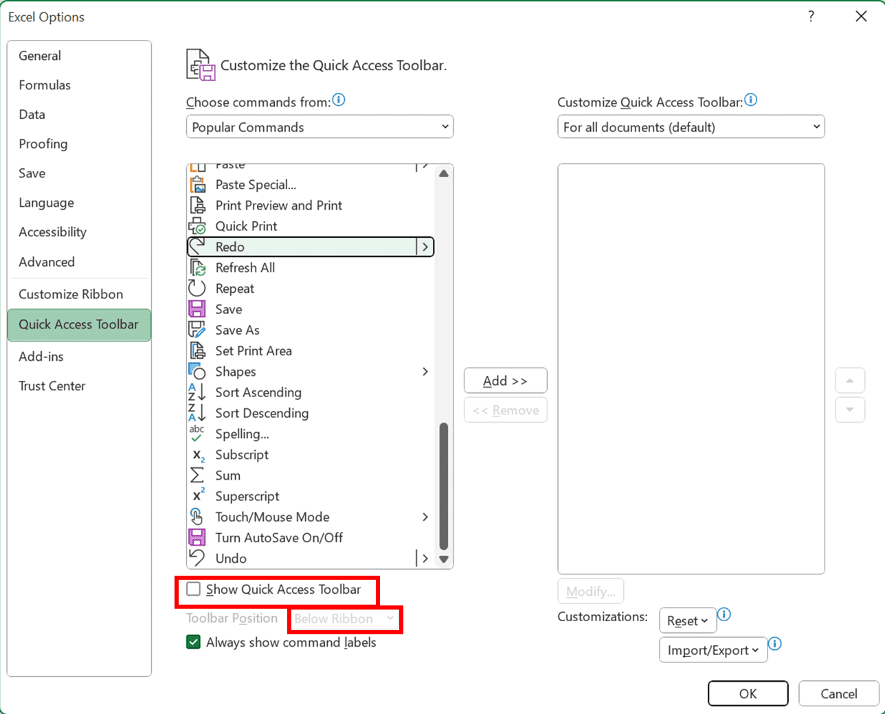Ctrl + Y in Excel: Functions and How to Use It - Screenshot of the Show Quick Access Toolbar Checkbox and Toolbar Position Dropdown Locations