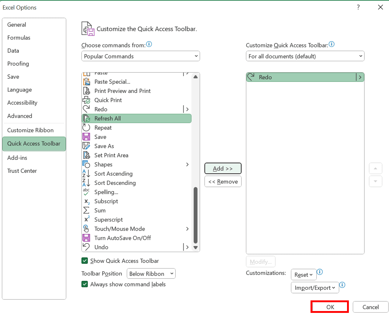 Ctrl + Y in Excel: Functions and How to Use It - Screenshot of the OK Button Location