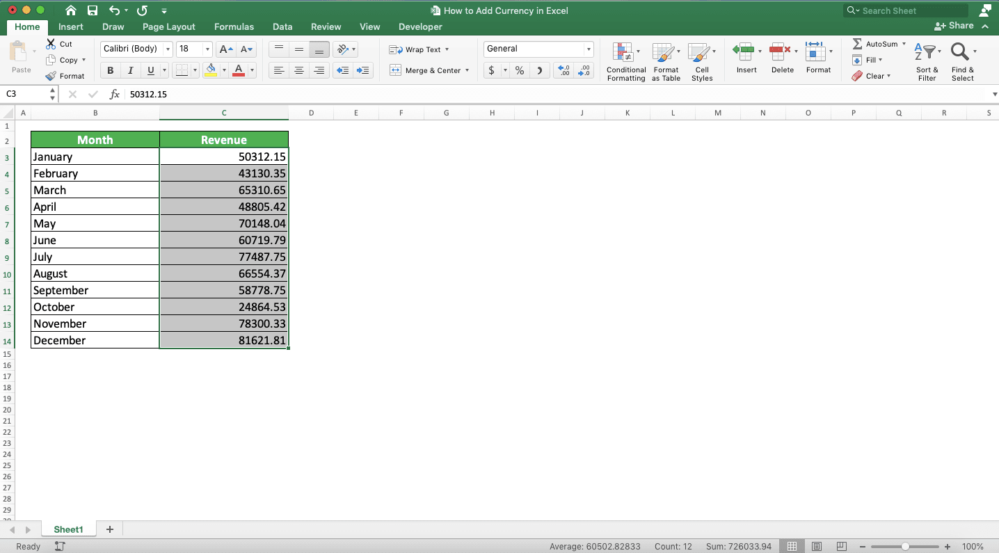 How to Create/Add a Currency Symbol in Excel - Screenshot of Step 1-1