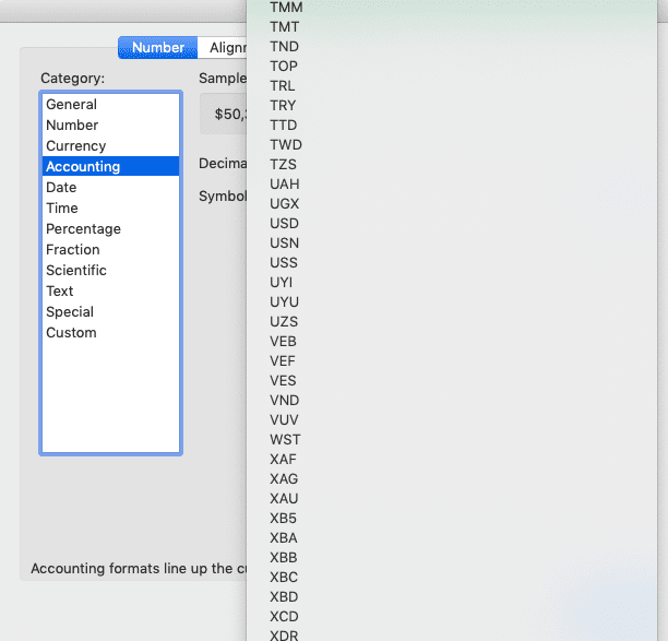 How to Create/Add a Currency Symbol in Excel - Screenshot of the International Currency Symbols Locations Example in the Symbol Dropdown