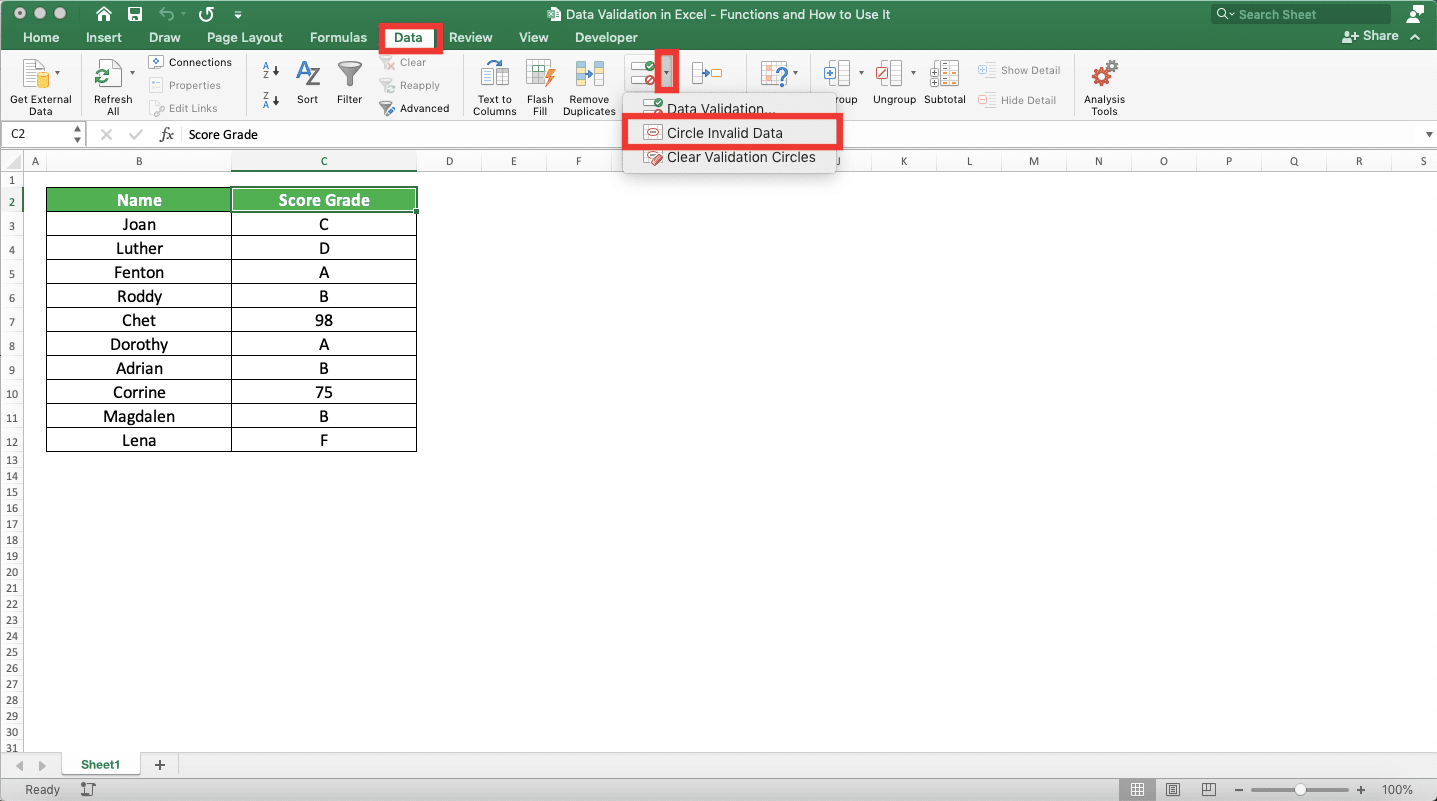 Data Validation in Excel: Functions and How to Use It - Screenshot of the Data Tab, Data Validation Dropdown Button, and Circle Invalid Data Choice Locations