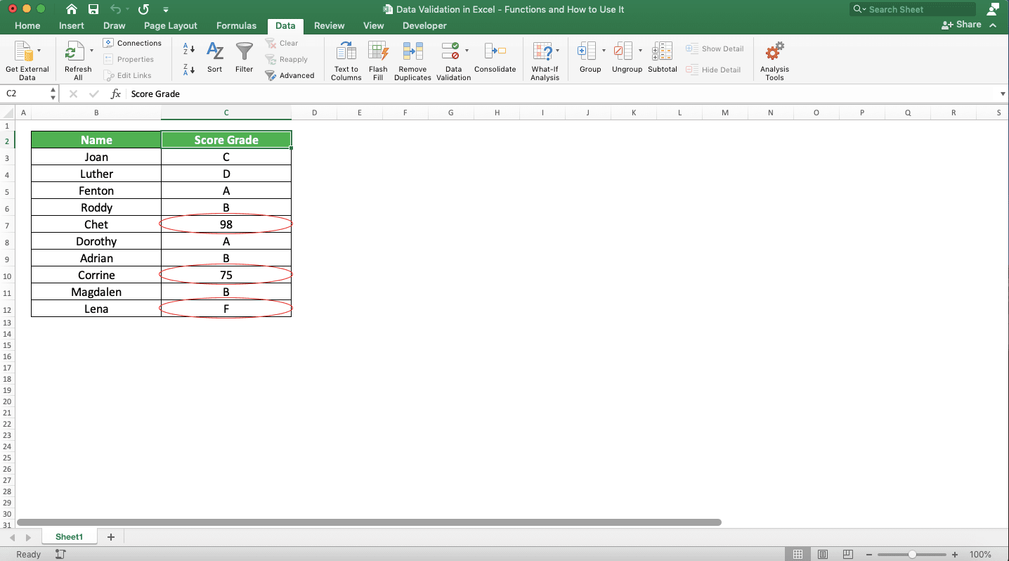 Data Validation in Excel: Functions and How to Use It - Screenshot of the Result Example of Circling Cells with Content that Doesn't Fit with Their Data Validation Rule