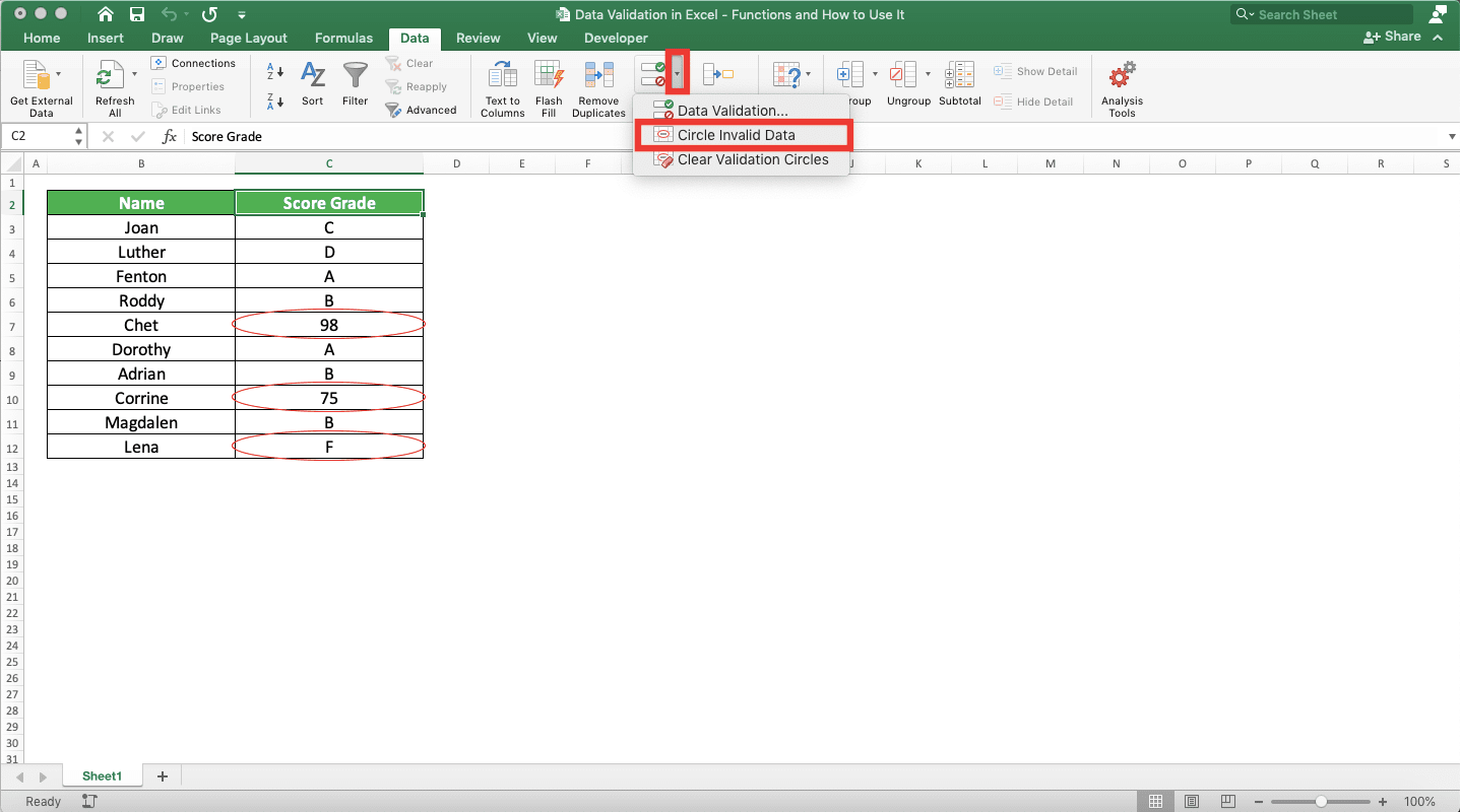 Data Validation in Excel: Functions and How to Use It - Screenshot of the Data Validation Dropdown Button and Clear Validation Circles Choice Locations