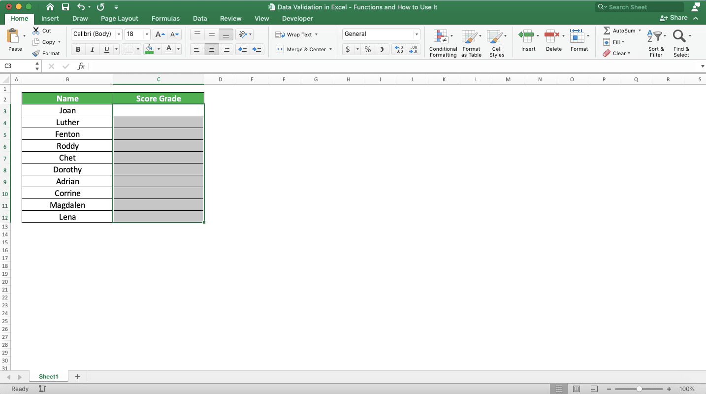 Data Validation in Excel: Functions and How to Use It - Screenshot of Creating Data Validation, Step 1