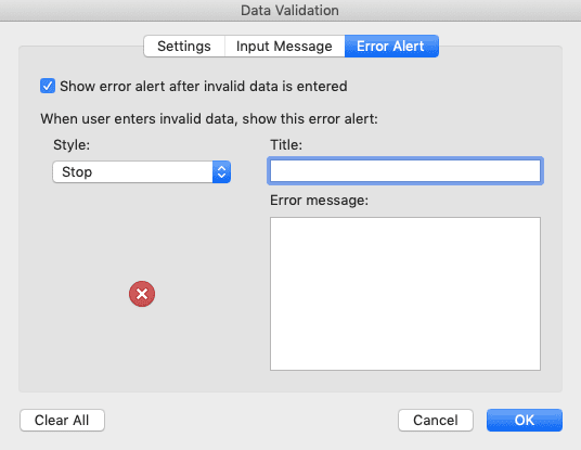Data Validation in Excel: Functions and How to Use It - Screenshot of the Error Alert Tab in the Data Validation Dialog Box