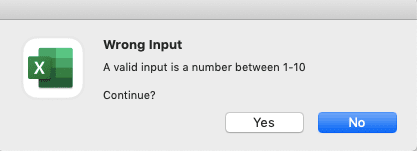 Data Validation in Excel: Functions and How to Use It - Screenshot of the Example of a Warning Error Alert Dialog Box