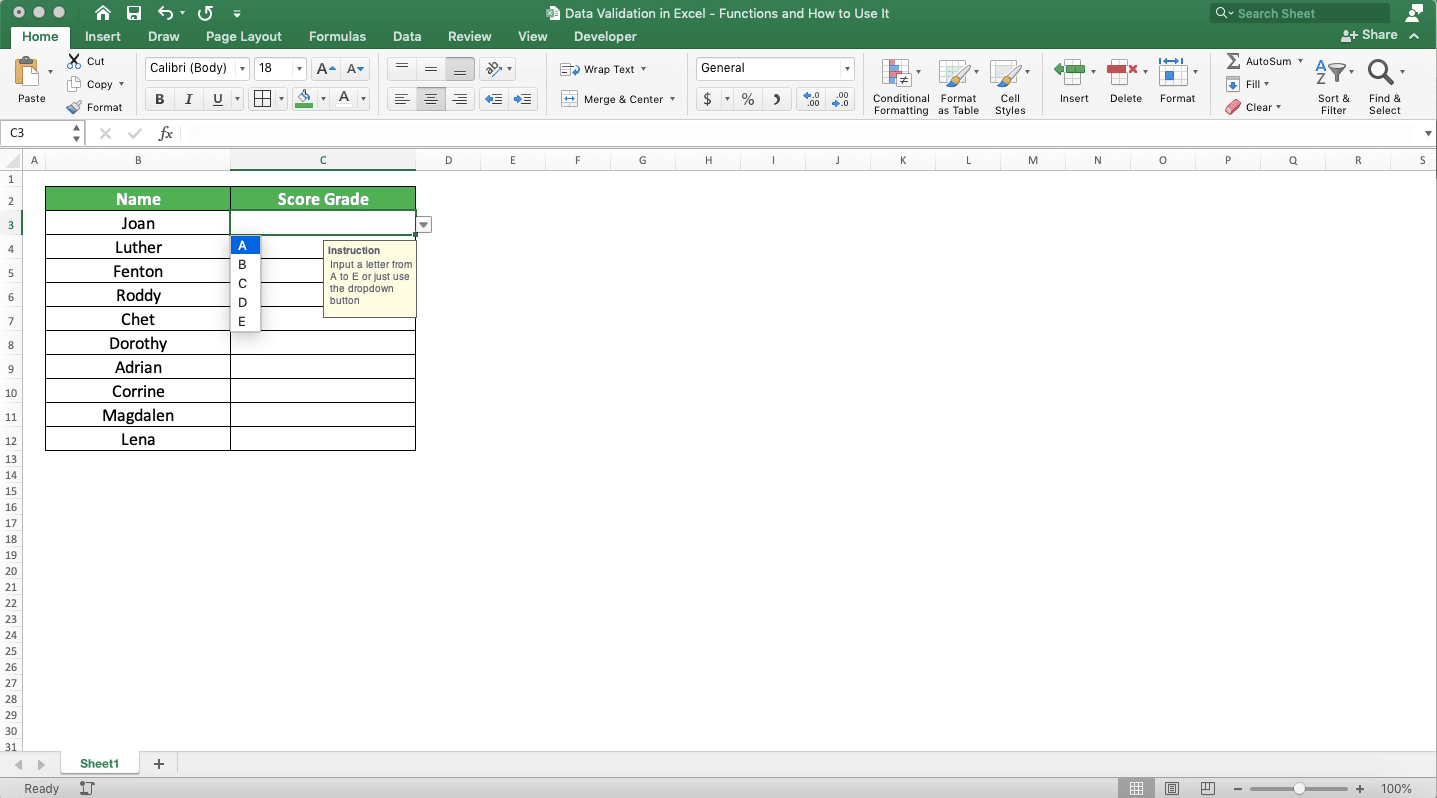 Data Validation in Excel: Functions and How to Use It - Screenshot of the Result of Clicking the Dropdown Button on the Score Grade Cell