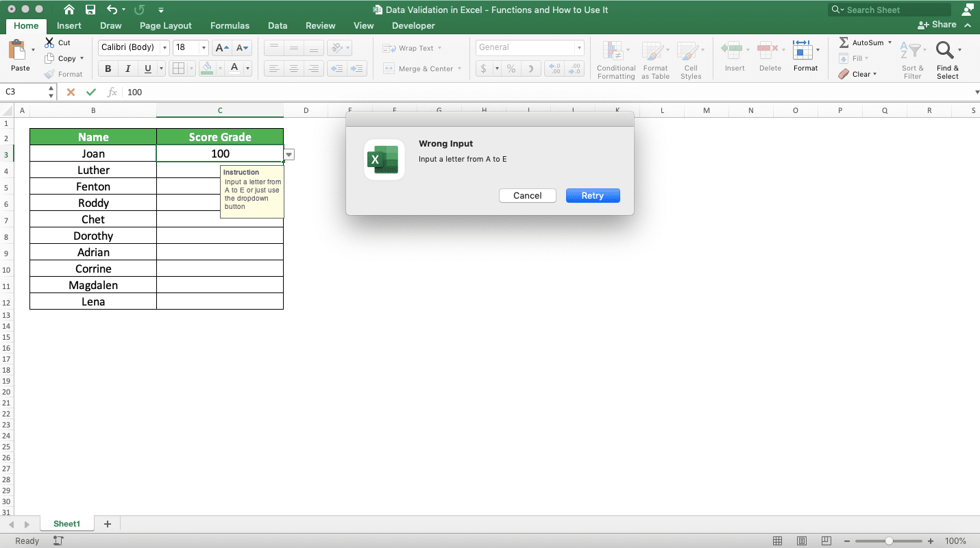 Data Validation in Excel: Functions and How to Use It - Screenshot of the Stop Dialog Box Because of a Wrong Input on the Score Grade Cell