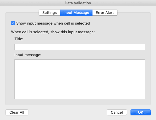 Data Validation in Excel: Functions and How to Use It - Screenshot of the Input Message Tab in the Data Validation Dialog Box