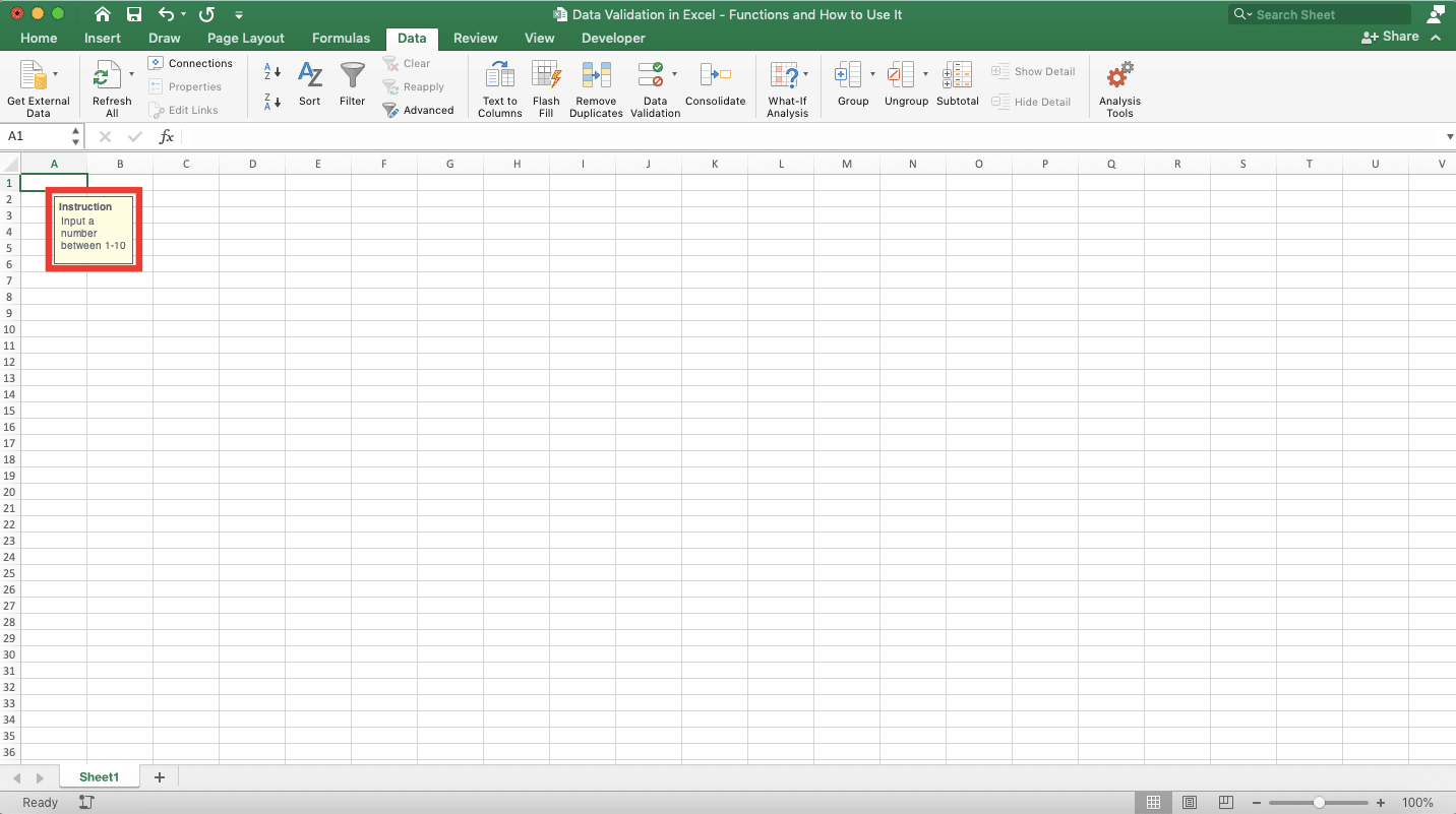 Data Validation in Excel: Functions and How to Use It - Screenshot of the Example of an Input Message on a Cell