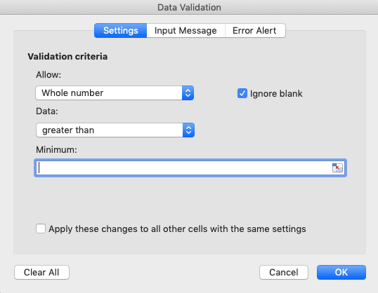 Data Validation in Excel: Functions and How to Use It - Screenshot of the Settings Tab in the Data Validation Dialog Box
