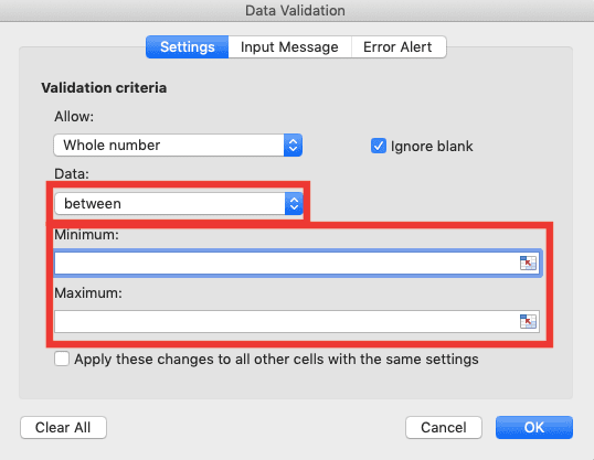 Data Validation in Excel: Functions and How to Use It - Screenshot of the Data Dropdown and Text Box Locations in the Data Validation Dialog Box