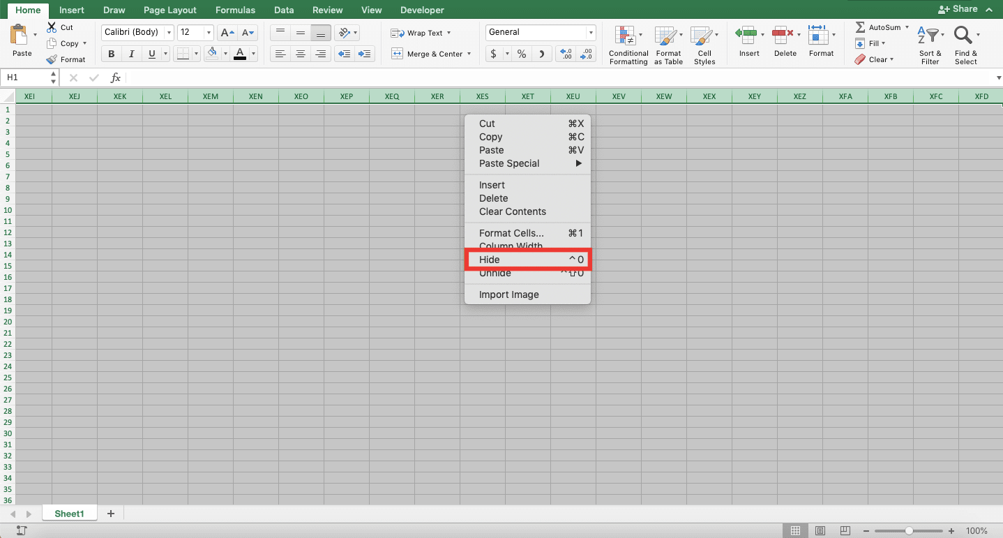 How to Delete Columns in Excel - Screenshot of Step 4, Hiding Infinite Columns