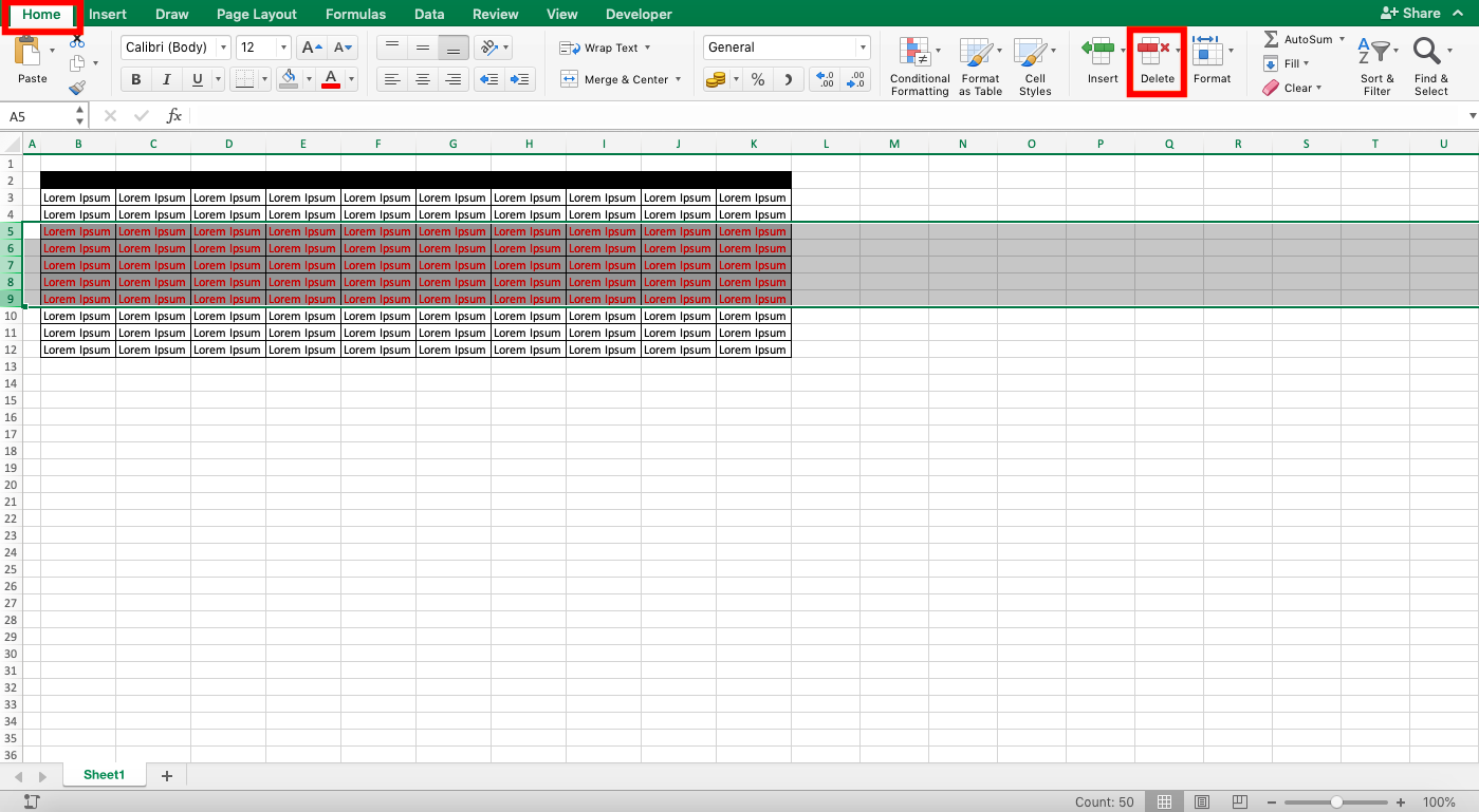 How to Delete Row in Excel - Screenshot of Step 1-2